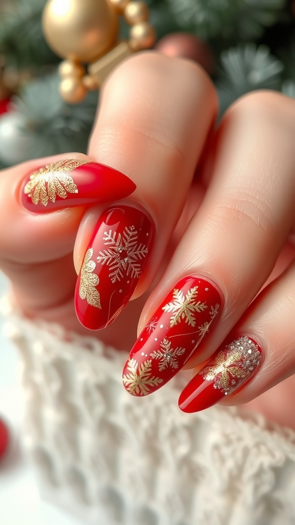 Gold and Red Christmas Nail Art Design Close-up of Christmas nail art with gold and red design, featuring glitter and patterns.
